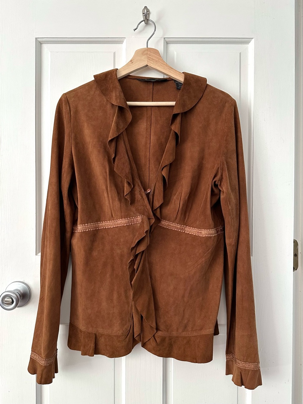 Vintage EXPRESS Suede Leather Ruffle Trim Jacket Boho Y2K Brown M/L